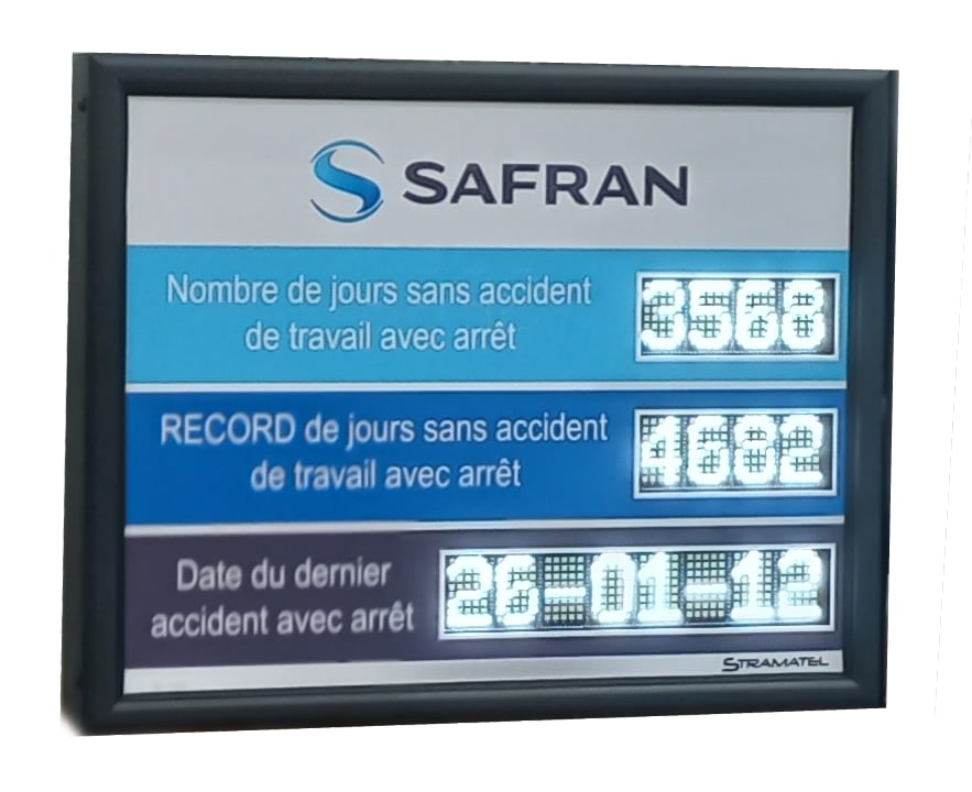 Nombre de jours sans accident de travail et affichage sécurité Stramatel pour la société Safran