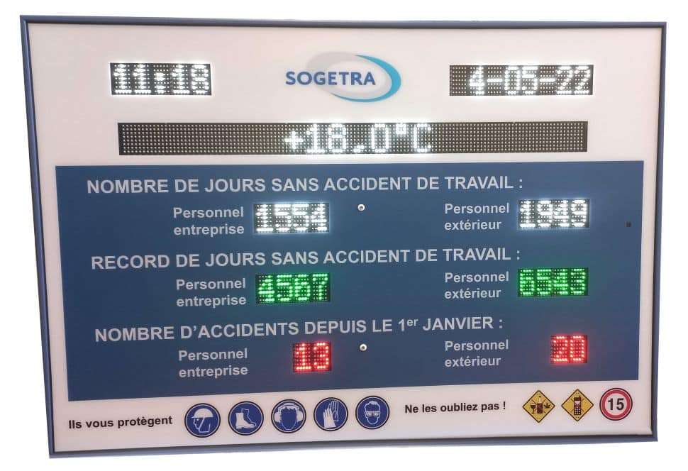 Nombre de jours sans accident de travail et affichage sécurité Stramatel pour la société SOGETRA en Guadeloupe