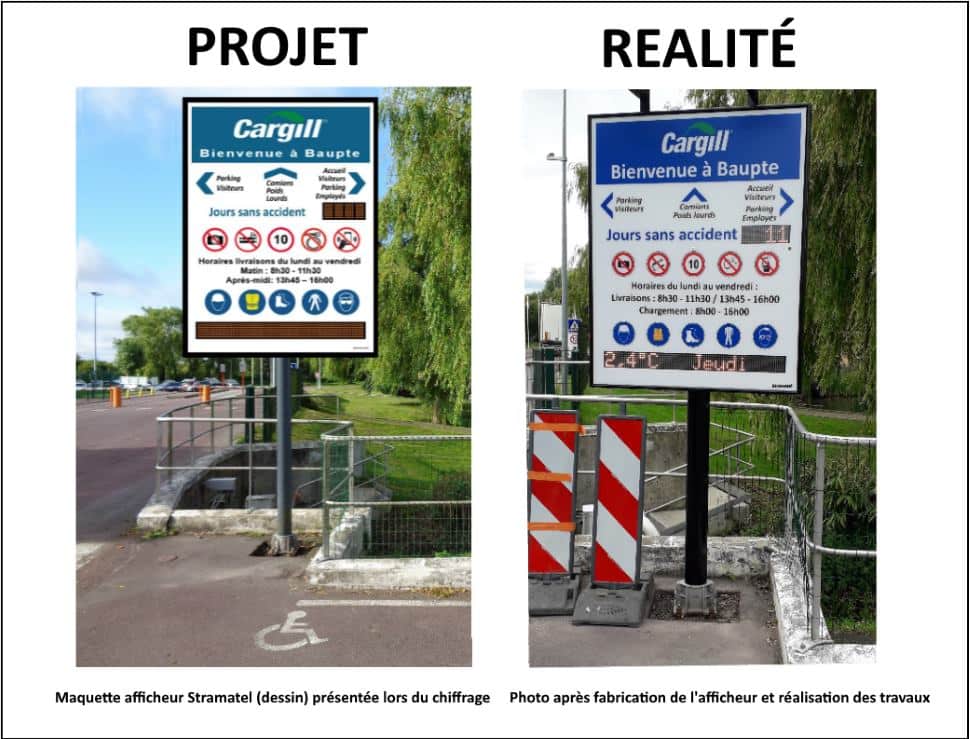 Nombre de jours sans accident de travail et affichage sécurité Stramatel pour le site Cargill de Baupte