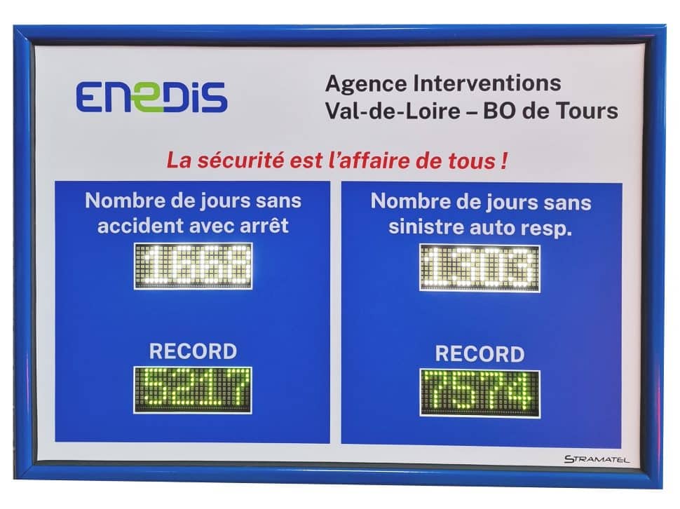 Nombre de jours sans accident de travail et affichage sécurité Stramatel pour l'agence de Tours Enedis