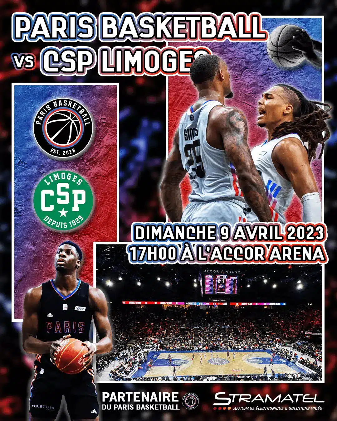 Annonce du match du Paris Basketball contre le CSP Limoges à l'Accor Arena, Stramatel est partenaire de l'événement.